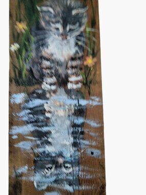 Cat Painting Artwork Wooden Plaque Original Art Pond Reflection Signed Diana